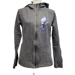 Hand Printed Upcycled Womens Medium Blue Jay Bird Long Sleeve Hoodie Jacket
